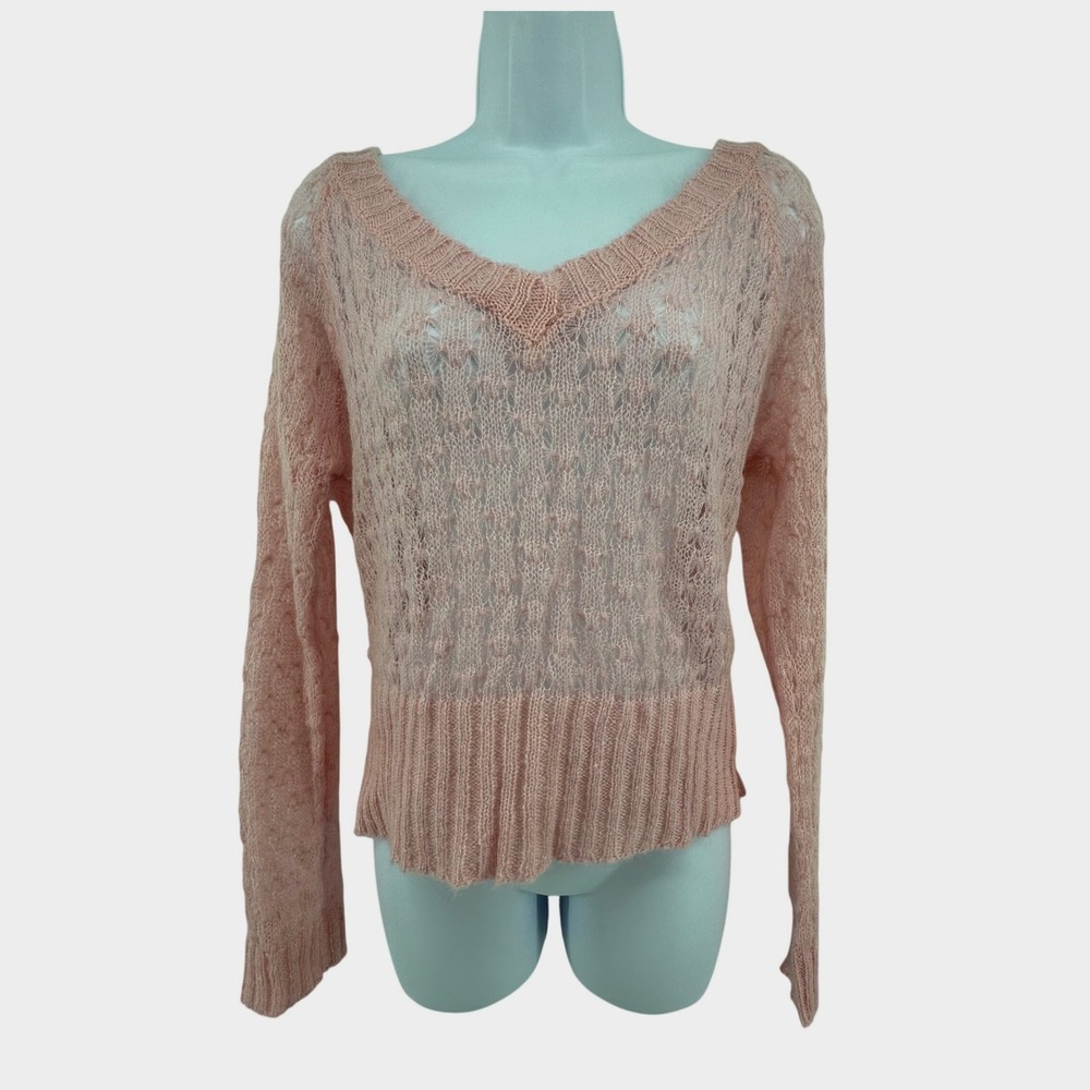 Fresh Wear Mohair Blend V-Neck Sweater Pointelle Fairycore Ballet Sheer Womens L